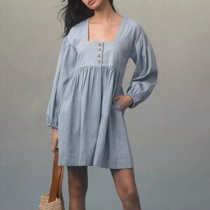 Anthropologie Long-Sleeve Square-Neck Denim Babydoll Mini Dress